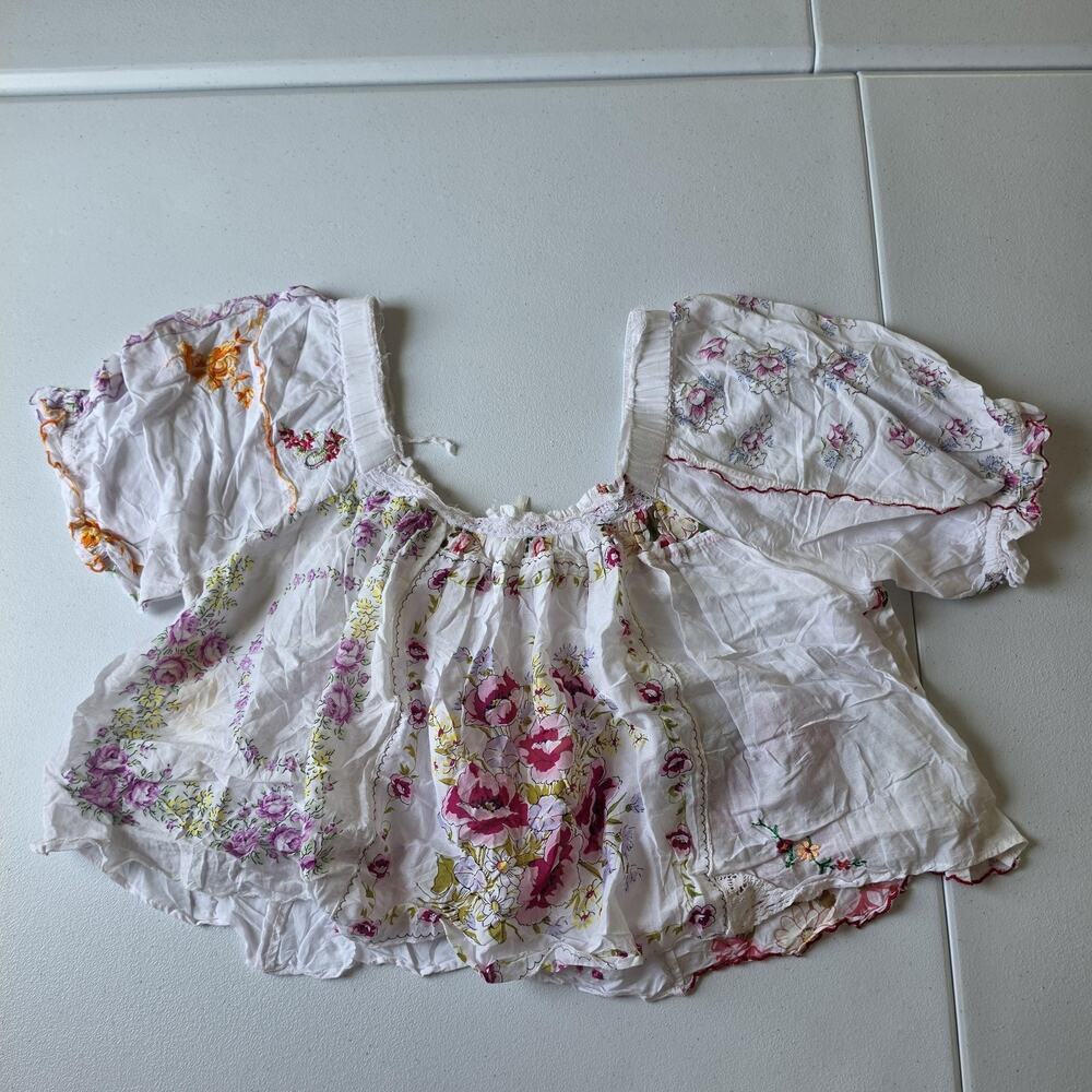 Anthropologie Blouse Womens Small White Floral Embroidered Cropped Puff Sleeve